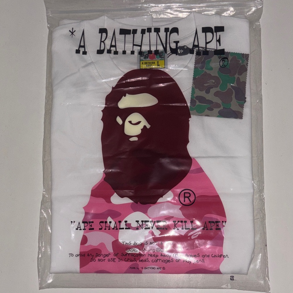 A Bathing Ape White and Pink Graphic Tee